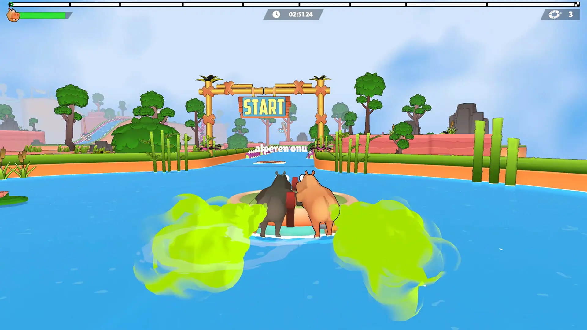 Two hippos on a raft at the START gate, firing green gas clouds, with a 02:51.24 timer
