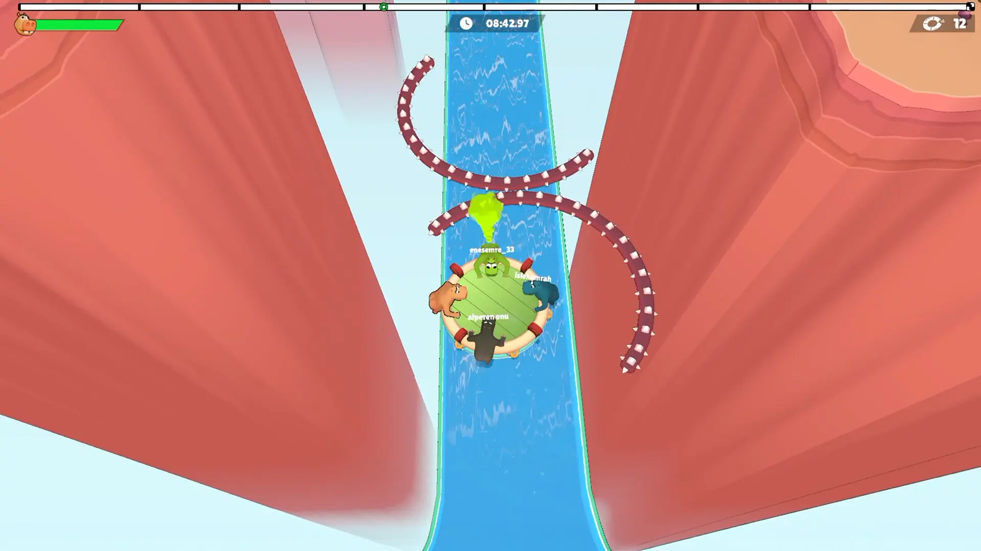 Four named hippos crowded on one raft in a canyon, passing a spiked obstacle, timer 08:42.97