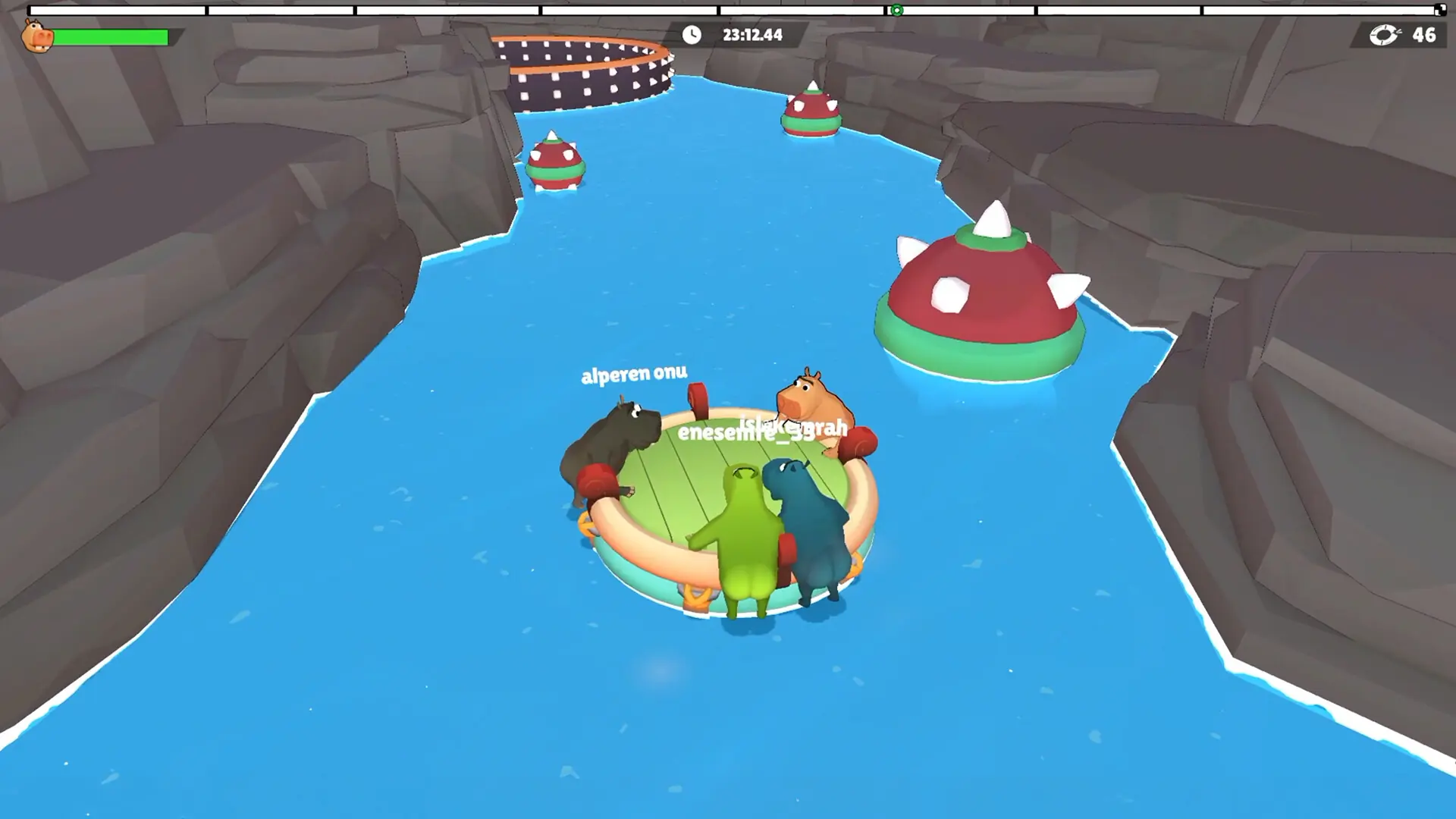 Four hippos steering a raft through a river canyon with spiked mines, timer 23:12.44