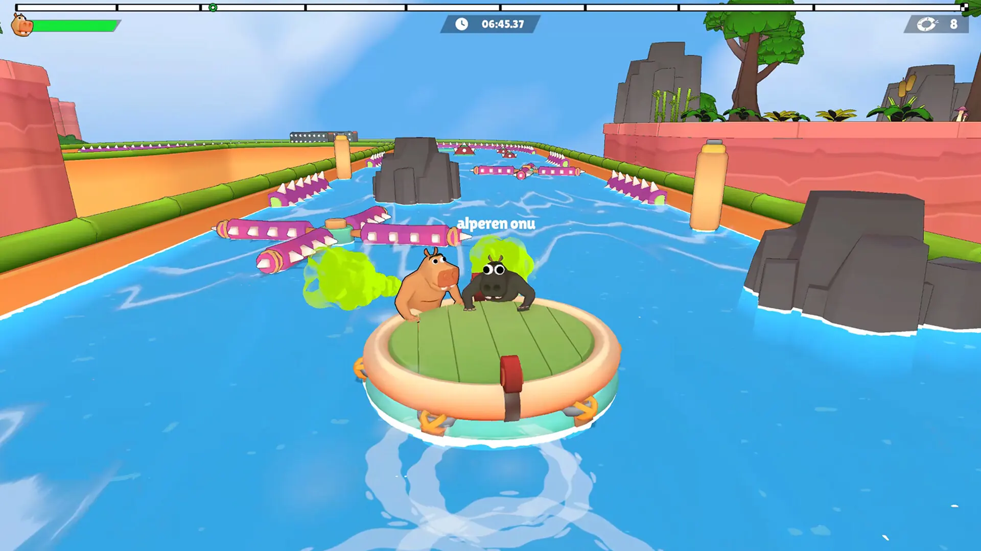 Two hippos on a raft approaching spiked logs and mines, timer 06:45.37