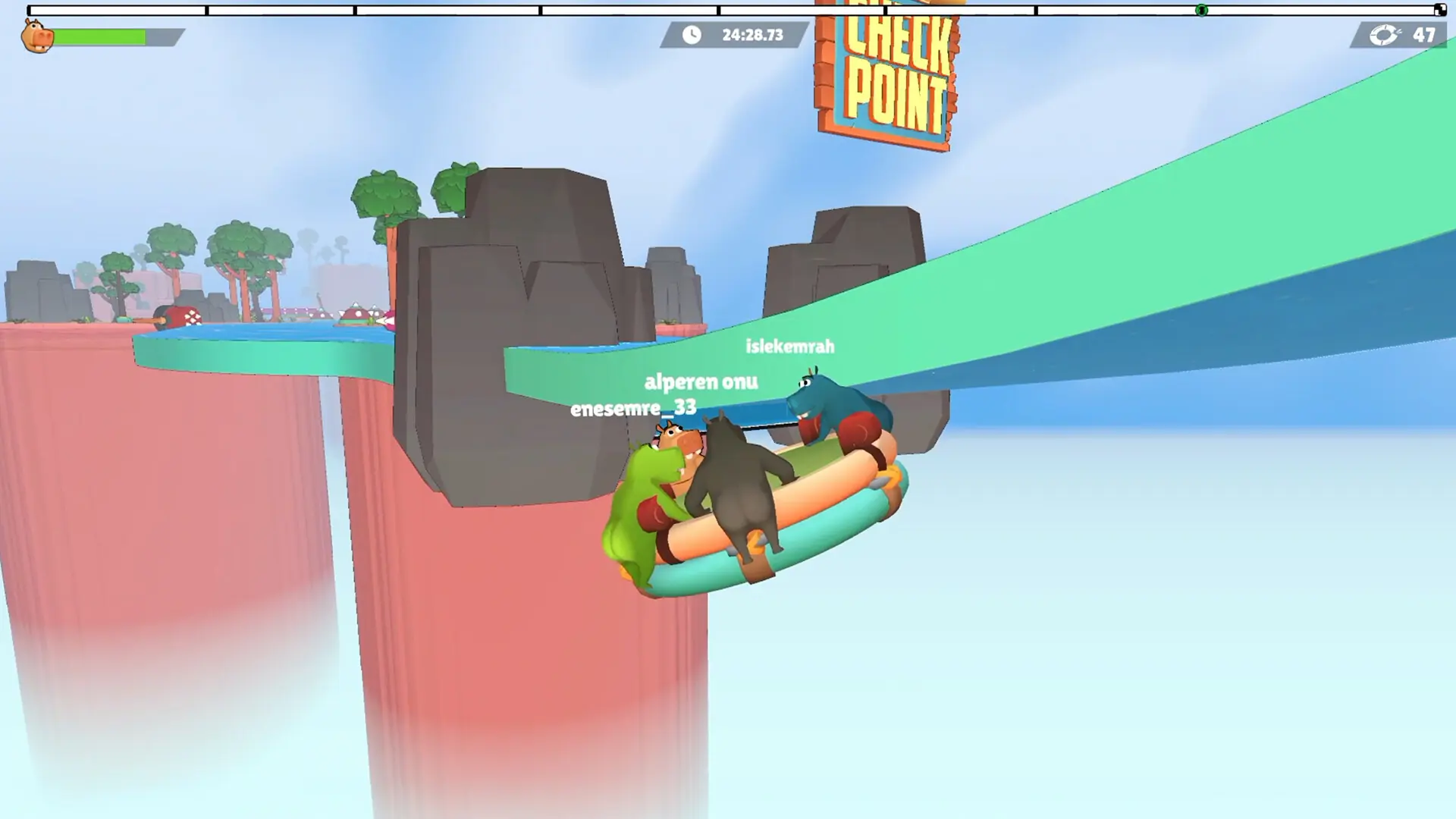 Four hippos squeezing under a CHECK POINT sign between cliffs, timer 24:28.73