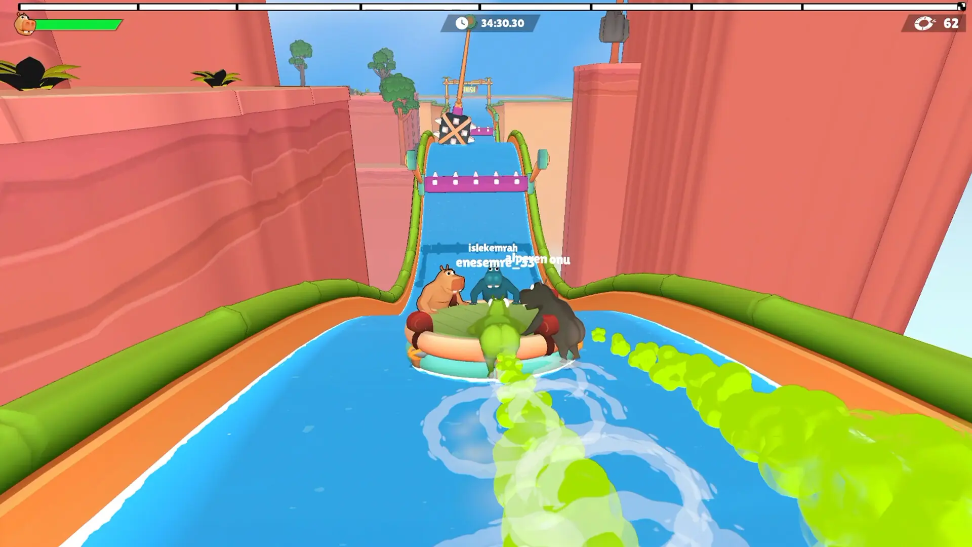 Three hippos on a raft heading toward a ramp and the FINISH gate, timer 34:30.30